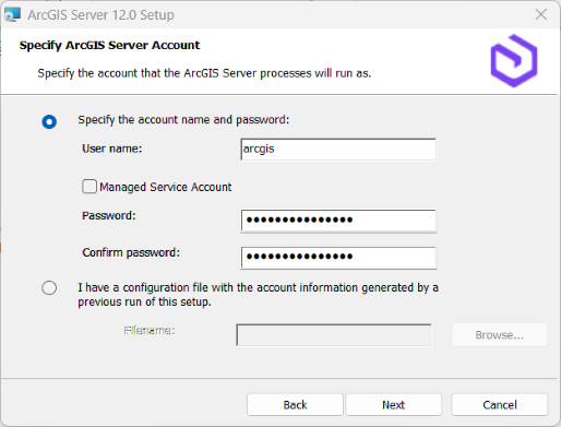 Specify the ArcGIS Server account. Specify the ArcGIS Server account.